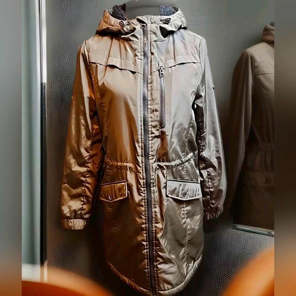 Lucky Brand Women’s Jacket Small Olive Hooded Full Zip Faux Fur Lining